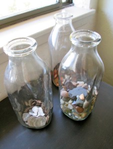 Vintage Milk Bottles. I fill mine with coins and rocks.