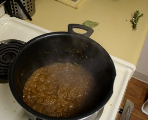 Onions should be this dark before adding your sherry and broth.